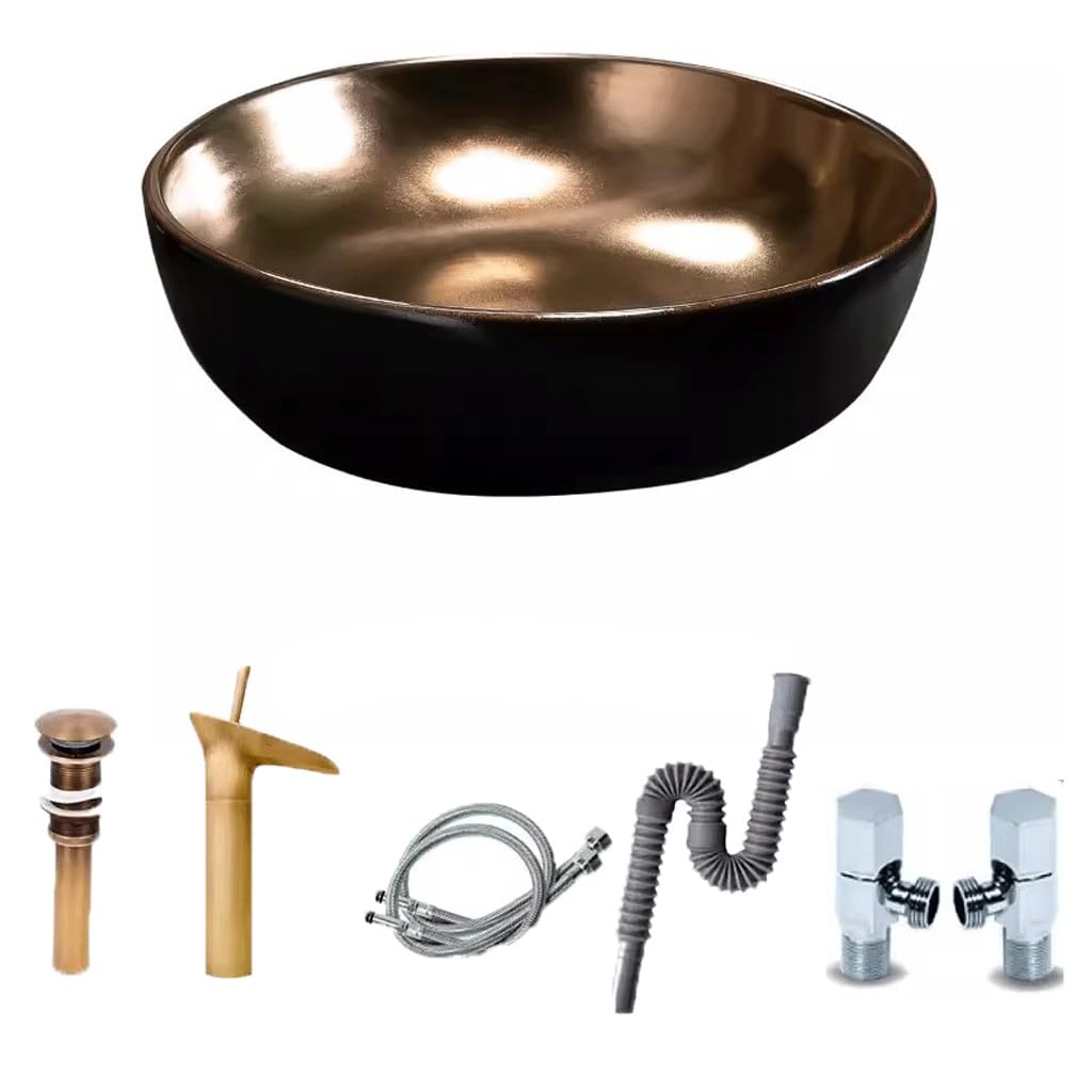 Gljtuo One Color Bathroom Sink Vessel Above Counter Basin Outside Black Gold Inside Round Bathroom Countertop Washbasin Wash Basin Single Basin Household Ceramics Vessel Sink,-A,-B
