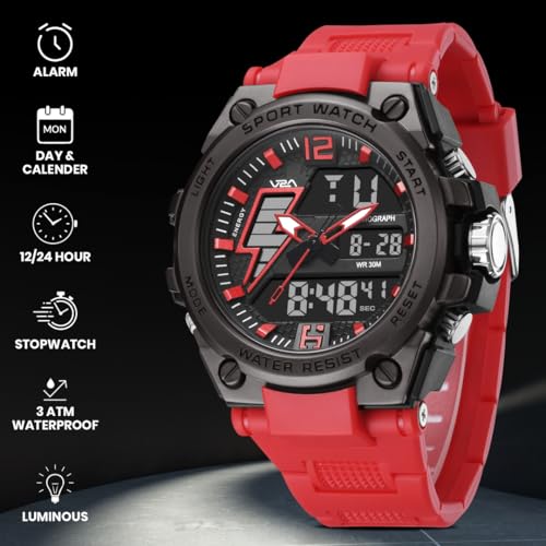 Image of V2A Stryke 45mm Analog Digital Sports Watch for Men | Hybrid Layered Dial | Alarm Stopwatch Backlight Day Date | TPU Strap | 30M Water Resistant | Gift for Mens