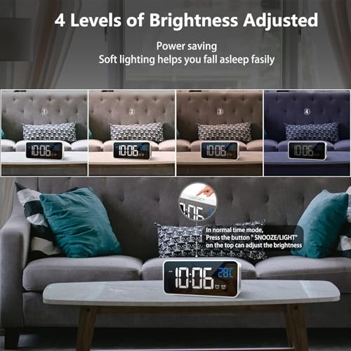 Image of LATEC Digital Bedside Clock with Big LED Temperature Display - Alarm with 10 Sounds, USB Charging, 4 Levels Brightness Dimmer, Snooze, Portable Mirror, Dual Alarm - Silver