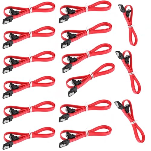 Image of Tobo SATA III Cable • 8-Inch /0.6FT • SATA III 6.0 Gbps • 7pin Female to Downward Right Angle Female Data Cable • with Locking Latch • Support for 2.5'' SSD,3.5''HDD Drive • Red (Pack of 15)