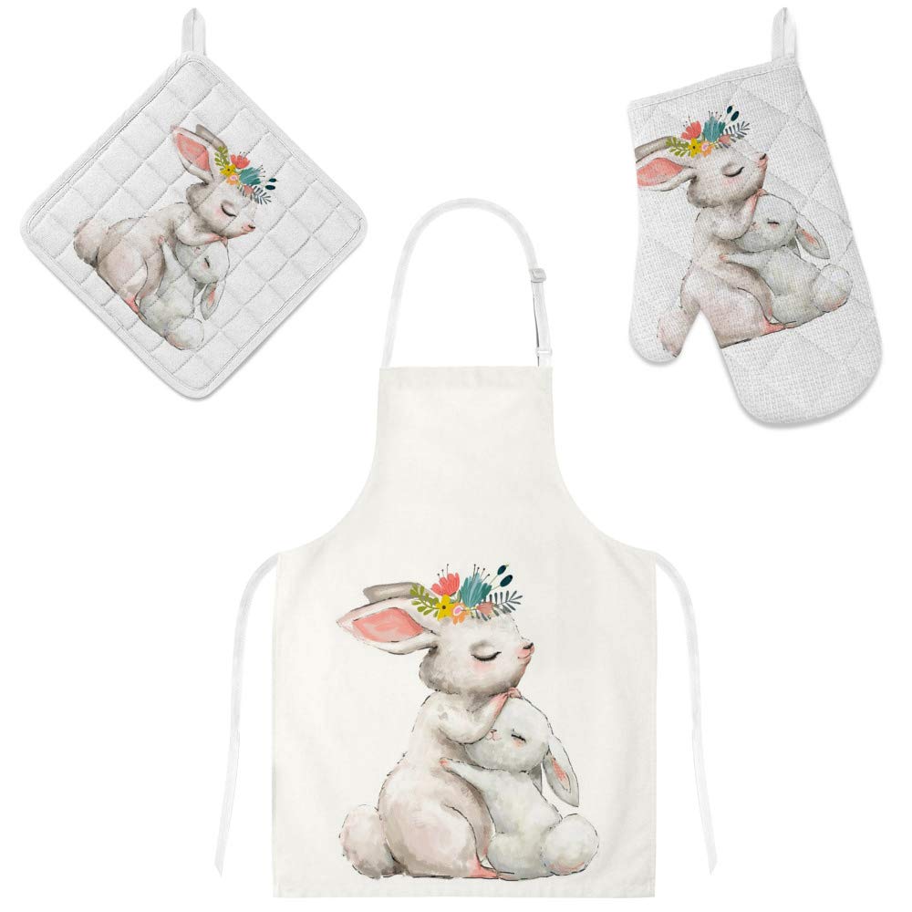 Tablier de cuisine coton avec maniques motif animalier lièvre pour protection cuisson au four