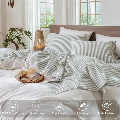 Image of MooMee Striped Sheet Set 100% Washed Cotton Linen Like King | Relaxed Linen-like Texture. Soft, Breathable & Lightweight Comfort. 15-19 inch Extra Deep Pocket with All-around Elastic