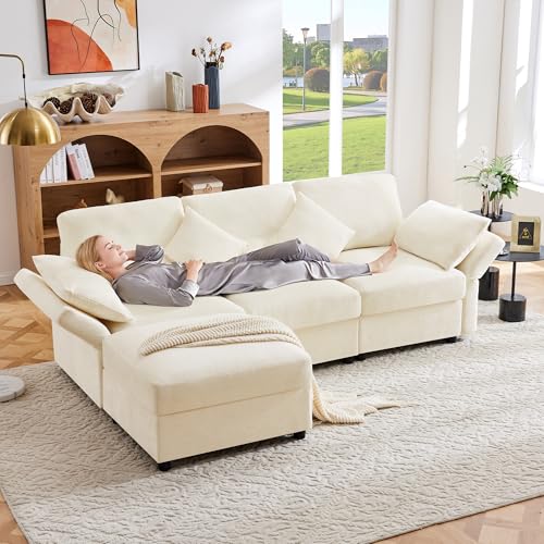 Yihomfy Canapé d'angle Convertible 3 Places en L,Canape Dangle Convertible avec Repose-Pieds, Chenille Canape Lit, 4 Coussins, Accoudoirs Réglables, pour...
