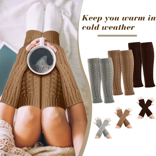 Image of Therwen 6 Pairs Knit Leg Warmers Arm Warmers Set for Women Cable Knit Leg Warmers Knee Warmers Thigh High Socks
