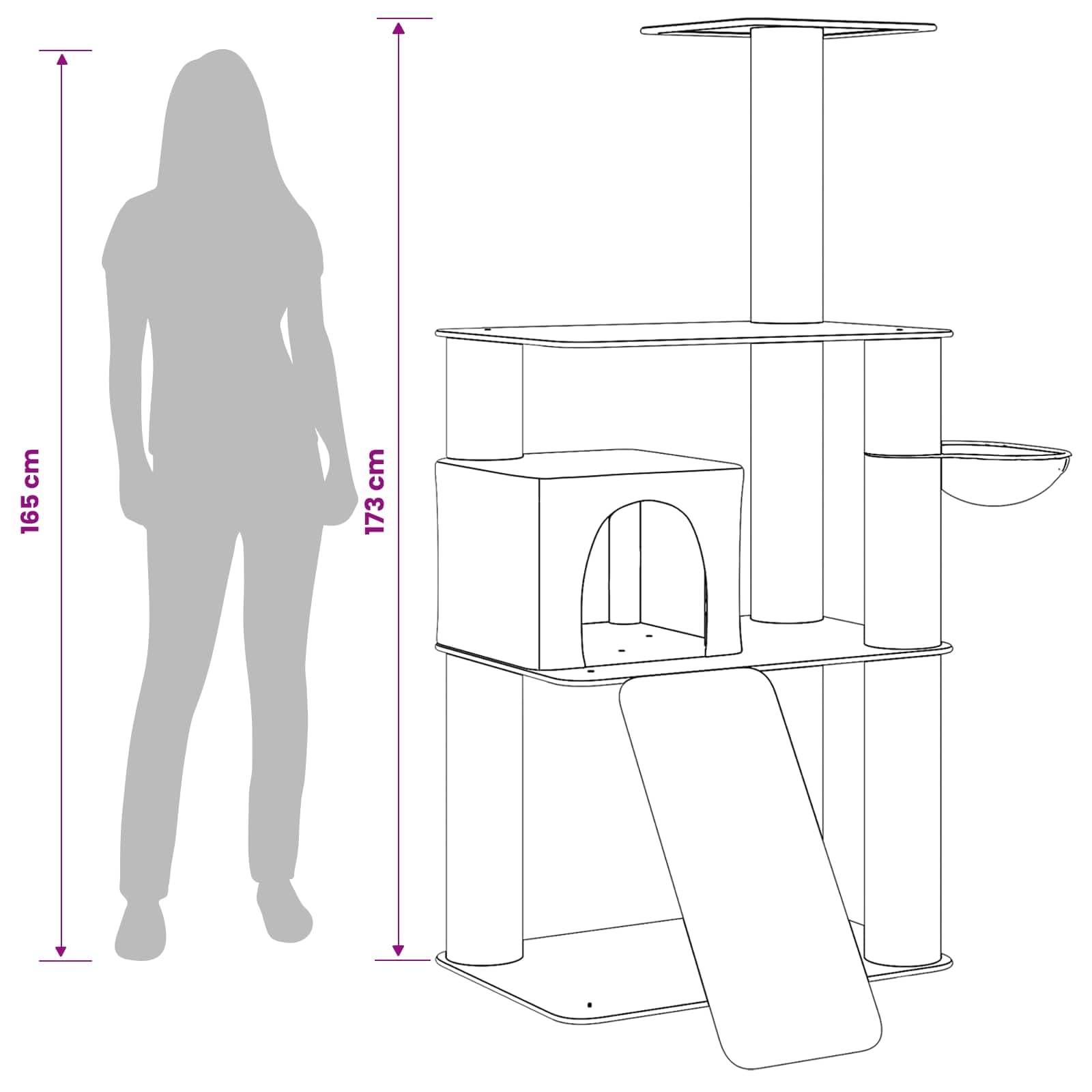 Árbol rascador para gatos con columnas rascadoras de sisal y cueva integrada de 173 cm, marco de madera estable, diseño de varios niveles, superficie de descanso acogedora, adecuado para casa