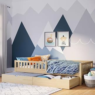 Bellabino Kinderbett Vils 90x200 cm mit Schublade, Einzelbett inkl. Lattenrost aus Kiefer Massivholz, Kinder Bett mit Rausfallschutz, Bett 90x200 in Natur lackiert