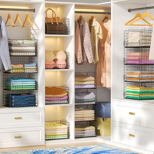 Astrorhine 6-Tier Stackable Closet Organizers and Storage Basket - Foldable Closet Shelf Organizer System, Sturdy Metal Space-Saving Clothes Storage Bins for Wardrobe, Black - Image 6