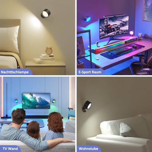 LED Wandleuchte mit Fernbedienung, 3 Stück Kabellose Akku Wandlampe, 16 Farbmodi RGB Ambiente Wandlichter ohne Stromanschluss, 360° Drehbare Aufladbare Leuchten für Kinder Wohnzimmer Schlafzimmer