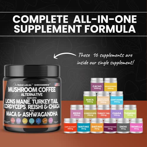 Mushroom Coffee Alternative Mix - Maca Coffee With Lions Mane Mushroom, Cordyceps And Ashwagandha - Cacao Based With Maca Root, Turkey Tail, Chaga And Reishi Mushroom - Instant Coffee Powder Usa Made #TOP1