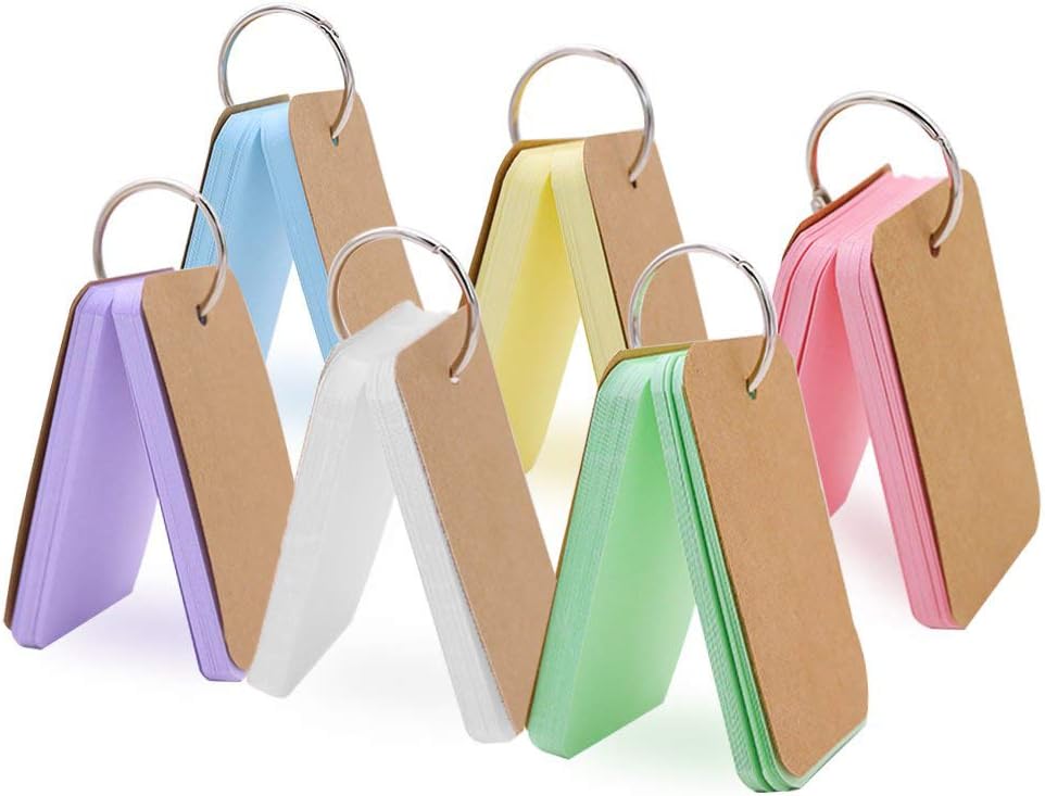 6 Pack 300 Easy Flip Flash Cards Blank Study Cards Revision Cards with Binder Ring Multicolor Kraft Paper Scratch Memo Note Pads/Index Cards/DIY Greeting Card/Bookmark, 5.5 x 9 cm