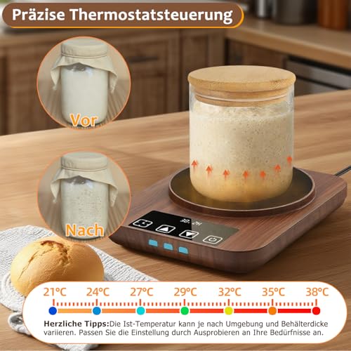 Aukimo Sauerteigstarterwärmer, Wärmeplatte Präzise 1℃ Thermostat (21-38℃), 12H Timer, Automatische Ein/Aus-Funktion mit Speicher, Wärmegerät Ideal für Brotbacken & Fermentation