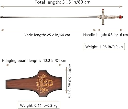 Miniatura 2 de COSWOR Espada Goblins de acero inoxidable de 31.5 pulgadas con mango de rubí blanco para regalo, cosplay, colección