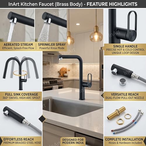 Image of INART Matte Black Kitchen Faucet - Brass Pull Out Sink Mixer Tap with Dual Flow Sprayer, 360 Swivel Spout & Hot Cold Water Control