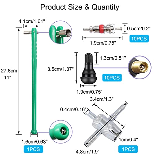 Image of Tire Valve Stem Puller Installer Tool Kit - 10PCS Valve Cores, 10PCS TR412 Tire Valve Stem, 4-Way Valve Tool, Single and Dual Heads Valve Core Remover Tire Repair Tool