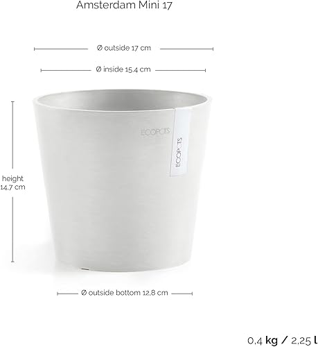 Miniatura 6 de Ecopots Amsterdam - Maceta redonda de plástico reciclado duradera para interiores y exteriores color blanco puro 7 pulgadas