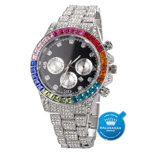 HALUKAKAH Reloj de Oro con Diamantes Multicolor,Hombre Oro Blanco Chapado en Platino 40MM Ancho Negro Esfera Cuarzo 21cm,Caja de Regalo