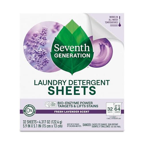 Image of Seventh Generation Laundry Detergent Sheets, Up to 64 Loads, Fresh Lavender Scent, Removes Tough Stains, 0% Dyes and Artificial Fragrances, Safer for your family, (Pack of 2)