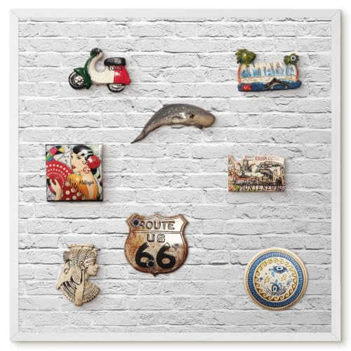 Tablón de anuncios 50x50 cm con marco blanco y diseño de pizarra de ladrillo para notas de pared