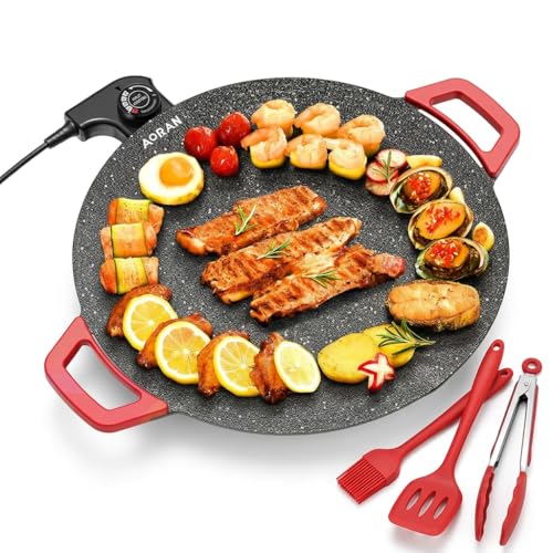 AORAN Indoor Grill Electric Smokeless Set – Nonstick Electric Griddle for Indoor Use, Compact & Versatile Cooking for Steaks, Pancakes & BBQ, Includes Silicone Spatula, Oil Brush & Food Tongs