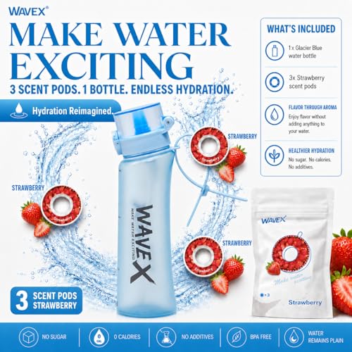 Image of Wavex Scented Water Bottle, Includes 3 Aroma Scent Pods, BPA Free, Flip Top Leak-Proof Lid, Straw & Carry Strap Included, Subtle Flavor Experience, No Sugar or Calories, (20.3 Ounce, Glacier Blue)