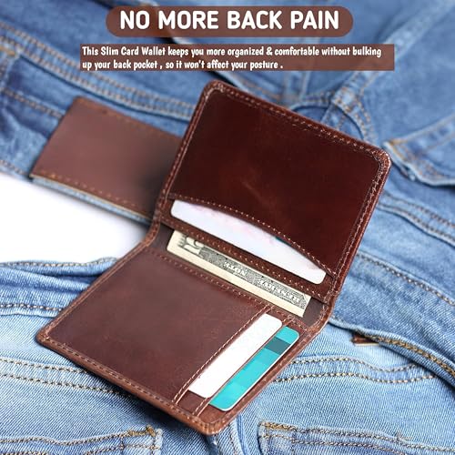 Image of Contacts Genuine Leather Slim Card Wallet for Men | RFID Blocking Minimalist Front Pocket Wallet | Compact Bifold Card Holder with Cash Slot (Brown)