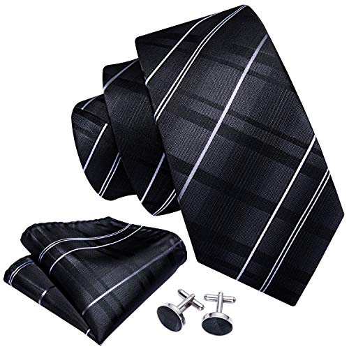 Image of Barry.Wang Tie Sets for Men Silk Stripe Necktie Woven Checkered Handkerchief Cufflinks Formal Business Wedding
