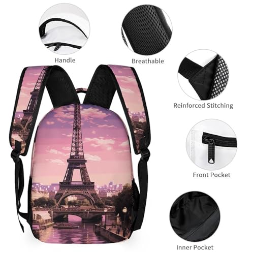 Pink Paris Backpack Set Lightweight Bag Lunch Box Pencil Bags for Women Men Bookbags 3 in 13