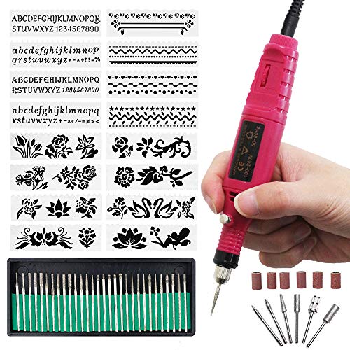 AxPower Electric Micro Engraver Pen Mini DIY Vibro Engraving Tool Kit for Glass Ceramic Plastic Wood Jewelry with Scriber Etcher 30 Bits and 6 Polishing Head and 16 Stencils (Red)