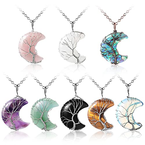 8 Pieces Life Tree Crescent Moon Necklaces Wire Wrap Natural Stones Crystal Pendant Necklaces Reiki Crescent Moon Pendant Necklaces Natural Quartz Jewelry With Exquisite Velvet Bag For Women Girls #TOP22