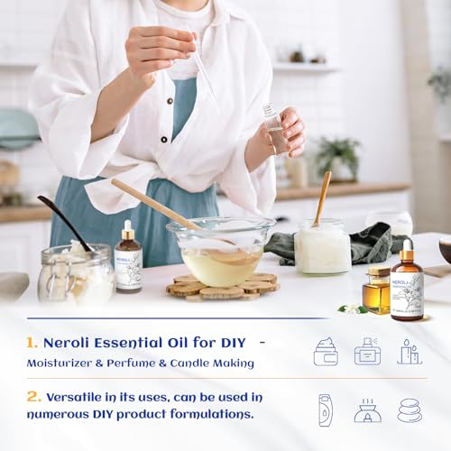 Image of HIQILI Neroli Essential Oil 3.38 Fl Oz, Pure Natural Neroli Oil for Skin, Diffuser, Includes 10ML Travel Bottle - 100ML