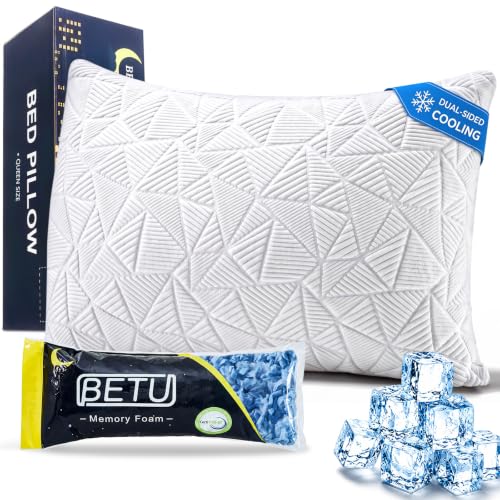 Image of BETU Enhanced Cooling Pillow Queen Size, Shredded Memory Foam Cool Pillow for Hot Sleepers, Two Sided Cool Adjustable Firm Soft Support Bed Pillows Perfect for Side, Back, Stomach Sleepers, White