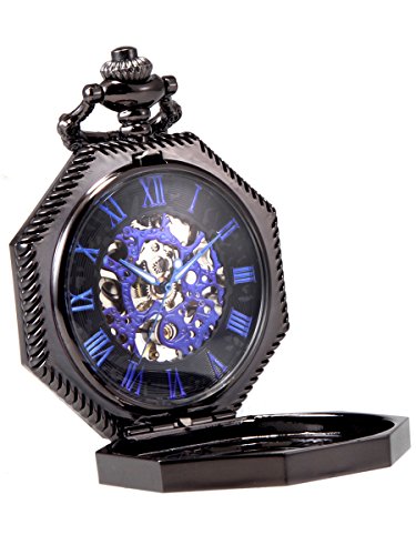 Preisvergleich Produktbild Alienwork Mechanische Taschenuhr Herren Damen Schwarz Blau Skelett Retro