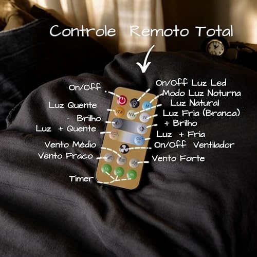 Ventilador de Teto com Luz LED Ajustável, Controle Remoto, 6 Pás, Silencioso, 40W, 42 cm, Econômico