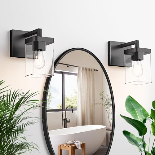 Image of Set of 2 Wall Sconce, Square Design Morden Bathroom Lighting Fixtures with Clear Glass Shade, Matte Black Wall Lights for Living Room /Bedroom /Hallway /Porch