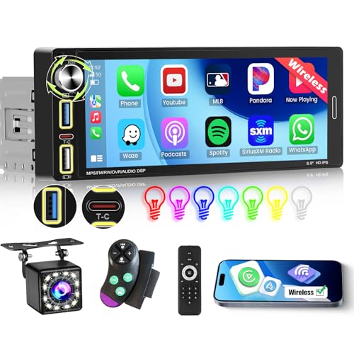 Autoradio 1 Din CarPlay sans fil avec grand écran tactile 6.9 pouces et Bluetooth