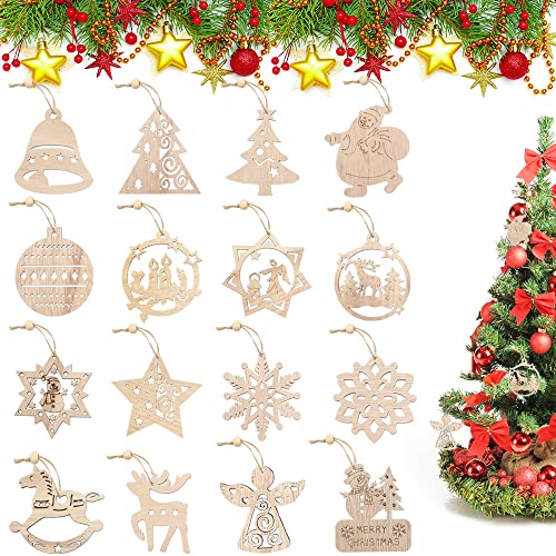 Keboyoe 16 Pièces Bois Décorations de Noël Pendentifs en Copeaux de Bois de Noël Ornements Arbre de Noël en Bois avec Corde pour Arbre de Noël Suspendue Ornements en Bois de Noël de Bricolag(7-9cm) Cover