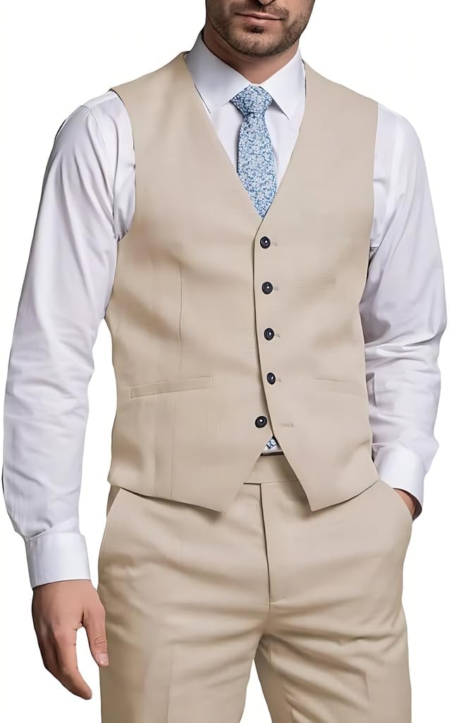 Men's 2 Piece Suit Slim Fit Formal Groomsmen Wedding Single-Breasted Vest and Pants Suit Set