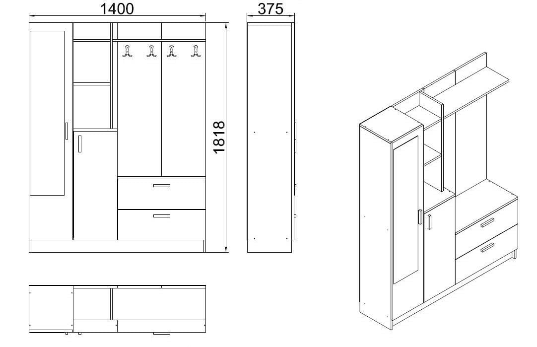 Dmora Mobile da Ingresso Homam, Entratina Appendiabiti, Composizione per atrio, Consolle portaoggetti Multifunzione, 140x37h182 cm, Quercia e Bianco