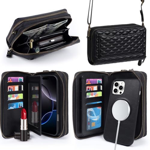 Harryshell Compatible with iPhone 12 Pro Max 6.7 inch Case Wallet Multi Zipper Detachable Magnetic Cover Clutch Purse with Card Slots Mirror Crossbody Strap (Compatible with Magsafe -Black)
