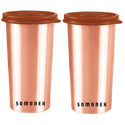 SOMONEX Copper Drinking Water Tumbler with Lid, 480 ml, Copper Glass| 100% Leak Proof Tamba Glass| Office | Gym | Yoga | Home | Hiking | Travel Tumbler Copper glass with lid (Copper Tumbler 2 pcs)