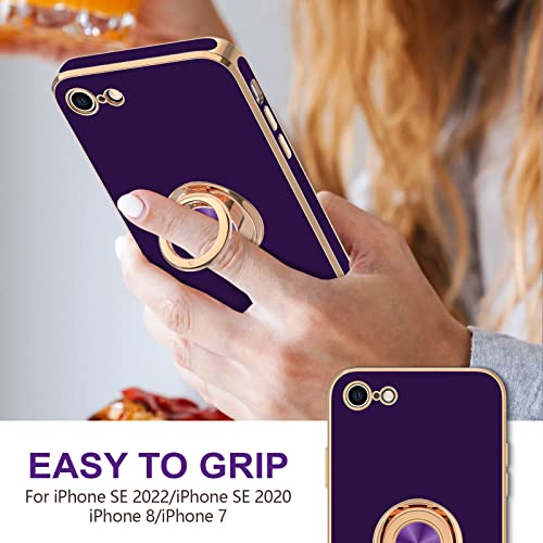 Image of Hython Case for iPhone SE Case 2022 /2020, iPhone 8 7 Case Ring Holder Stand Magnetic Kickstand, Plating Gold Edge Soft TPU Bumper Cover Shockproof Protective Phone Cases Women Girls Boys, Dark Purple