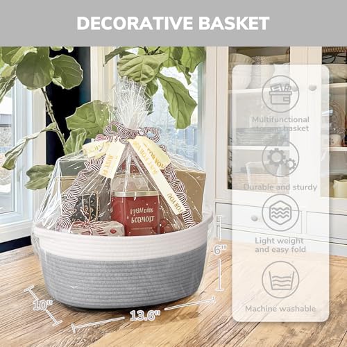 Image of CHICVITA Large Rope Gift Basket Empty with Bags & Ribbon to Fill, Grey