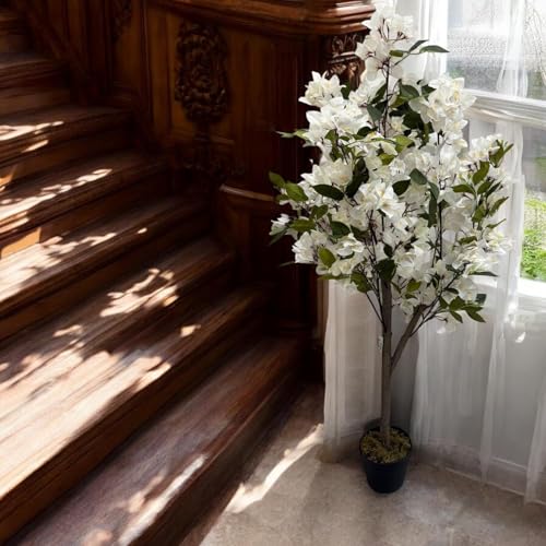 Image of Fox & Fern Artificial Bougainvillea Plant | with Basic Pot | Elevate Any Corner of Your Home /Office | Ornamental Plant Best for Home Decor (Pack of 1) (Ht. 4Ft) (White)