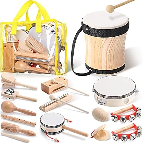 Chumia Kids Musical Instruments Set Wooden Percussion Instruments Preschool Educational Early Learning Music Toys Set for Little Boys and Girls Toddler Children Gifts (Drum,13 Pcs) Cover