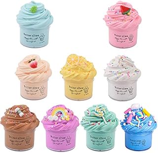 Keemanman 9 Pack Butter Slime Kit with Mint Leaf, Watermelon, Peach, Lemon, Unicorn, Coffee, Rainbow and Candy Charms, Scented DIY Slime for Girls and Boys, Stress Relief Toy for Kids Party and Gift