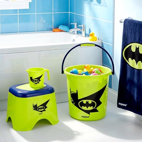 Image of Nayasa Kids Batman Print Bathroom Set of 3 | 18 LTR Bucket, 1 LTR Mug and Stool Combo for Children | Sturdy and Durable | Lightweight and Rigid | Easy to Clean and Attractive Design | Green