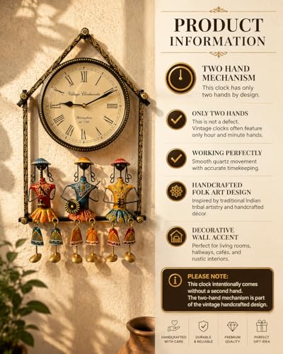 Image of Metal Wall Clock with Decorative Traditional Rajasthani Musician | Stylish Iron Wall Art for Living Room, Bedroom, Office | Unique Diwali Gift & Home Decor | Fancy Clock for Living Room