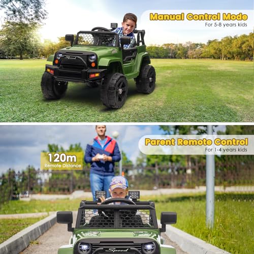 12-V-Elektroauto,Fernbedienung für Eltern, Zwei 35-W-Motoren, 5.2km/h Höchstgeschwindigkeit, zu öffnende Türen, Musik-Player, 4 Räder, Federung, LED-Beleuchtung, Sicherheitsgurt(Grün) – Bild 7