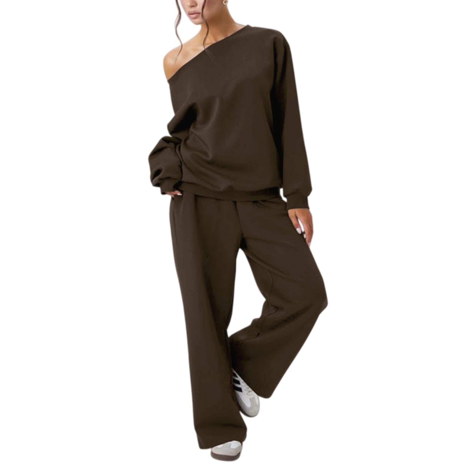Ensemble 2 pièces assorti pour femme, pull surdimensionné à épaules dénudées et pantalon de jogging à jambe large