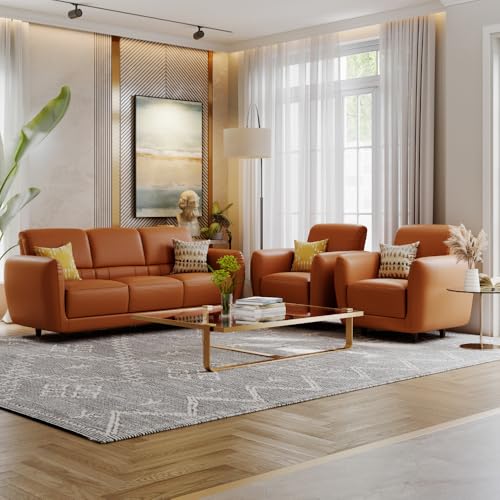 Image of Wakefit Sofa Set | 5 Year Warranty | Sofa 5 Seater, 5 Seater Sofa for Living Room, Wooden Sofa Set, Sofa Set 3+1+1 Seater - Solomon(Robin : Tan)
